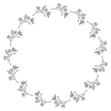 Round frame with black-and-white sakura branches on white background. Vector Illustrazione stock