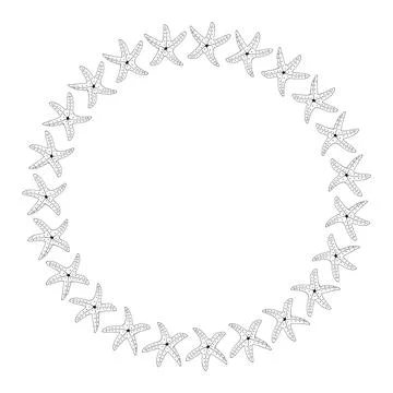 Round frame with black-and-white positive starfish on white background. Stock Illustration