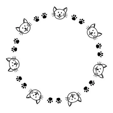 Round frame with black and white cats and cat steps on white background. Stock Illustration