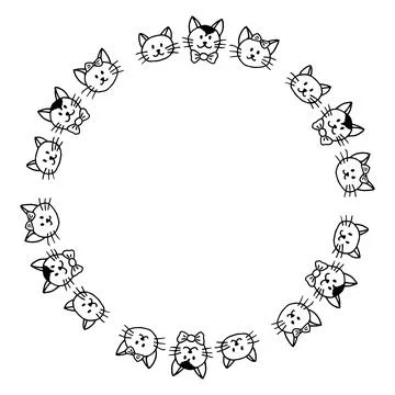 Round frame with black and white cats on white background. Vector image. Stock Illustration
