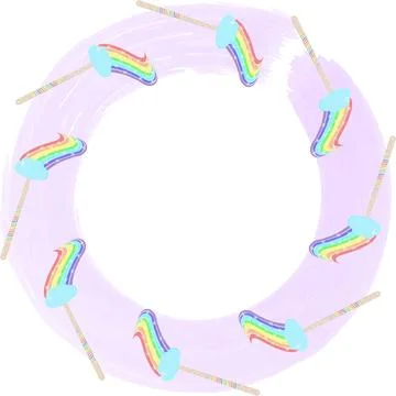 A round frame with blue cloud magic wands radiates a rainbow of sparkles. A Illustrazione stock