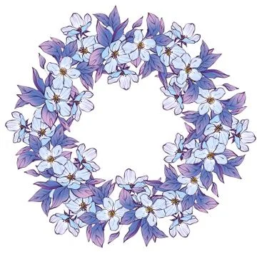 Round frame with blue leaves and flowers Illustrazione stock