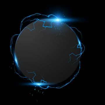 A round frame with a border of blue neon lightning bolts, with a glow effect and Stock Illustration