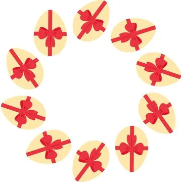 Round Frame border of Easter Eggs with red tied ribbon bow Minimalist Flat Stock Illustration
