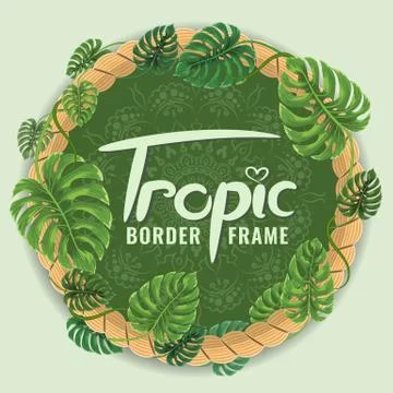 Round Frame border made with Tropical leaves. Watercolor style flat and solid Stock Illustration