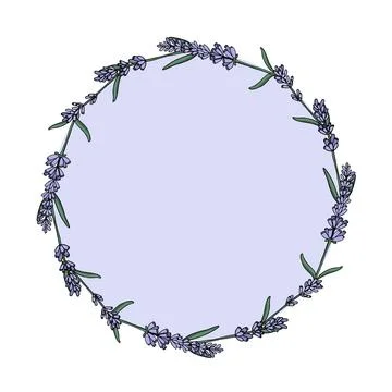 Round frame border with vector herbs and lavender, hand painted on a dark Stock Illustration