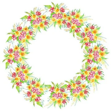 Round frame. A bouquet of spring flowers - daffodils, tulips, forget-me-nots. Stock Illustration