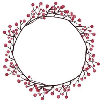 Round frame of branches with red berries, template for design. Stock Illustration