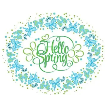 Round frame of butterflies. Hello Spring lettering. Colorful Vector illustration イラスト素材