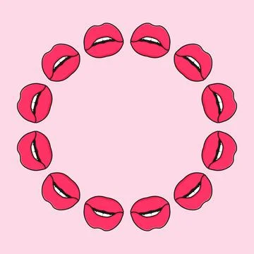 Round frame of cartoon lips. Vector illustration Illustrazione stock