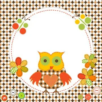 Round frame with cartoon owl in patchwork style Stockillustratie