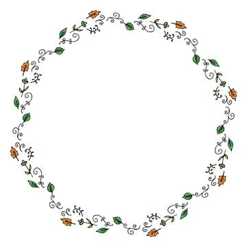 Round frame with chamomile, leaves and decorative elements on white Stockillustratie