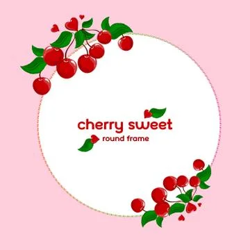 Round frame with cherries. Cherry berries and leaves. Frame for text. Stock Illustration
