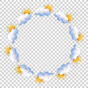 Round frame with clouds and sun. Hand-drawn watercolor illustration. Stock Illustration