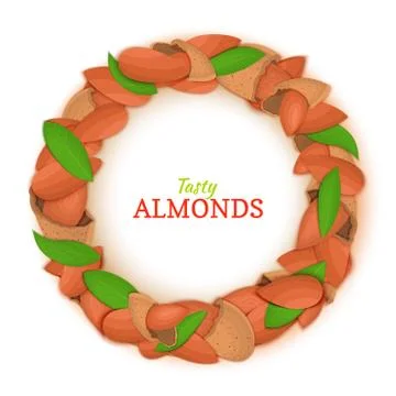 Round frame composed of almond nut. Vector card illustration. Stock-Illustration