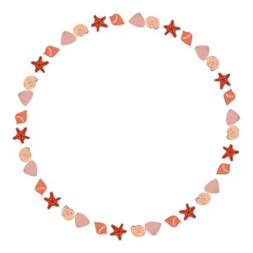 Round frame with creative sea shells on white background. Vector image. Stock Illustration