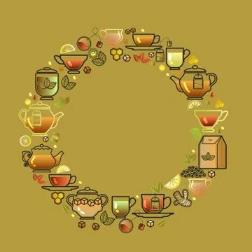 Round frame with cup, leaf, lemon, teapot. Vector. Illustrazione stock
