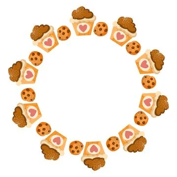 Round frame with cupcake and cookie. Flat illustration of sweet desserts. Stock Illustration