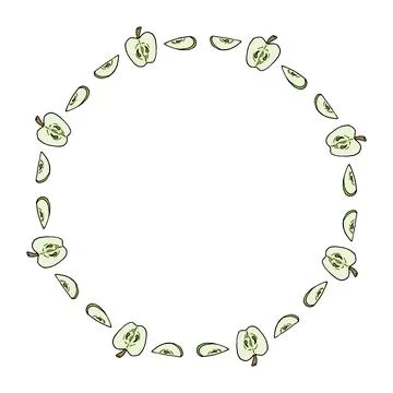 Round frame with cute apples and their slices on white background. Vector ima Illustrazione stock