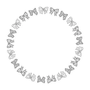 Round frame with cute black-and-white bow on white background. Vector image. Illustrazione stock
