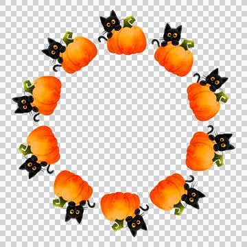 Round frame with cute black cat and pumpkin. Hand drawn illustration. Stock Illustration