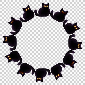 Round frame with cute black cat. Hand drawn illustration. Illustrazione stock