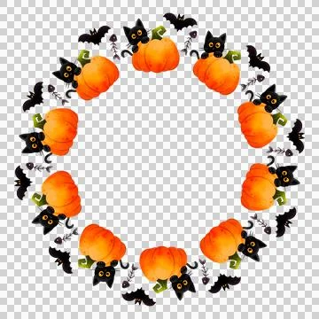 Round frame with cute black cat, pumpkin and bat. Hand drawn illustration. Stock Illustration