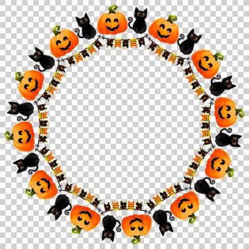 Round frame with cute black cat, pumpkin lantern and festive garland. Hand drawn Ilustración de archivo