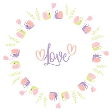 Round frame with cute pair of snails in love and slogan - Love. Vector illust Stock Illustration
