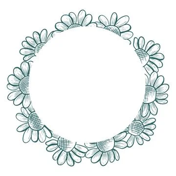 Round frame with daisy flowers. Vector round frame with flowers in line art.. Stock Illustration