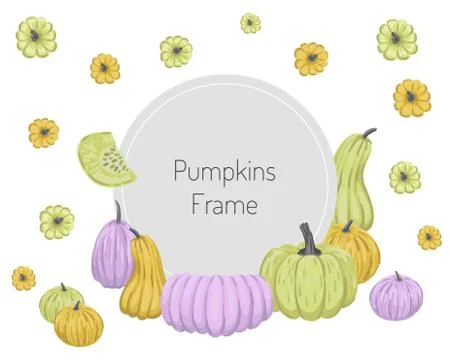 Round frame with decor of colorful pumpkins around. Vector illustration isolated Stock Illustration