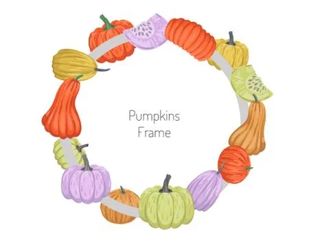 Round frame with decor of colorful pumpkins. Vector illustration isolated on Illustrazione stock