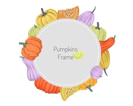 Round frame with decor of colorful pumpkins. Vector illustration isolated on Illustrazione stock