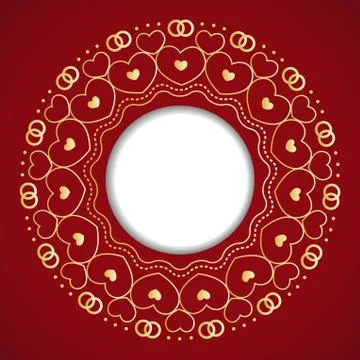 Round frame with decorative elements. Wedding card with gold hea Stock Illustration