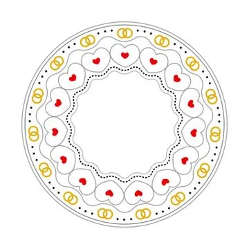 Round frame with decorative elements. Wedding card with gold hea Stock Illustration