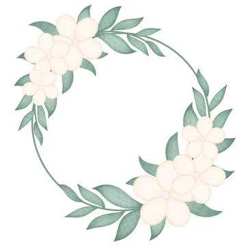 Round frame with delicate flowers and leafy twigs Stock Illustration