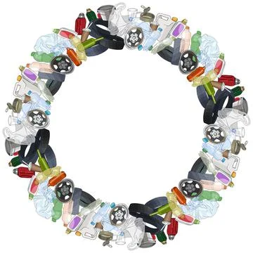 Round frame with different kinds of garbage isolated on white ba Stock Illustration