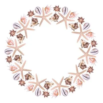 Round frame from different sea shells on a white background Stock Photos