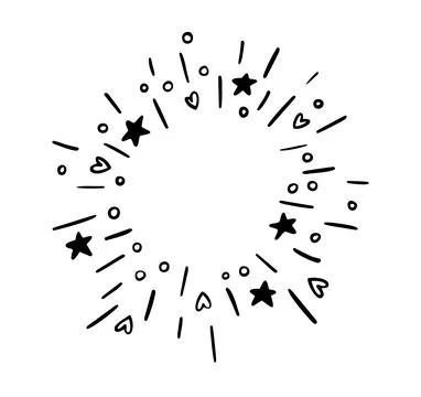Round frame doodle style festive fireworks. stars, hearts. Explosion circle Illustrazione stock