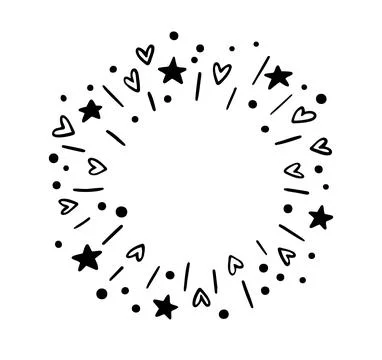 Round frame doodle style festive fireworks. stars, hearts. Explosion circle Stock Illustration