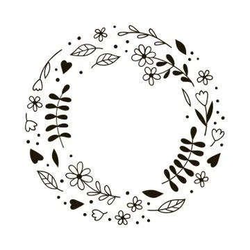Round frame of doodle twigs and flowers. Stock Illustration
