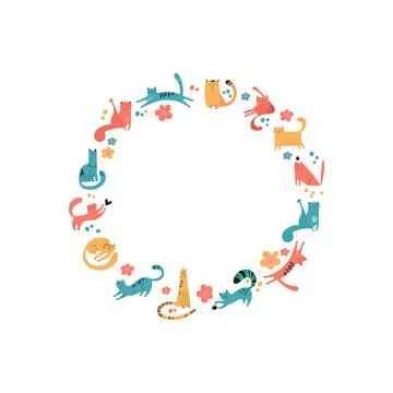 Round frame of drawn cats for printing, textiles, t-shirts, posters. Cute fluffy Stock Illustration