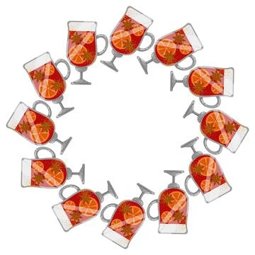 Round frame for drinks. Wreath of glasses filled with red drink Stock Illustration