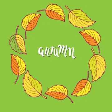 Round frame of fall leaves. Hand drawn vector sketch with autumn lettering Stock Illustration