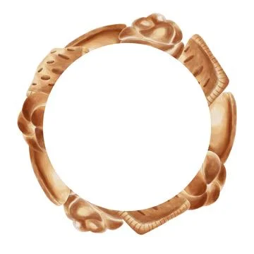 A round frame featuring buns, puff pastries, and pastries, done in watercolor Illustrazione stock