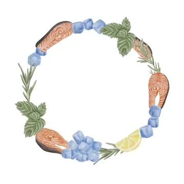 A round frame with fish fillets, lemon, mint, rosemary, and ice cubes. A food Stock Illustration