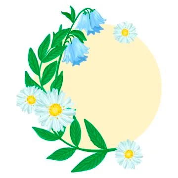 Round frame with flowers. Chamomile and bells. Vector illustration Stock Illustration