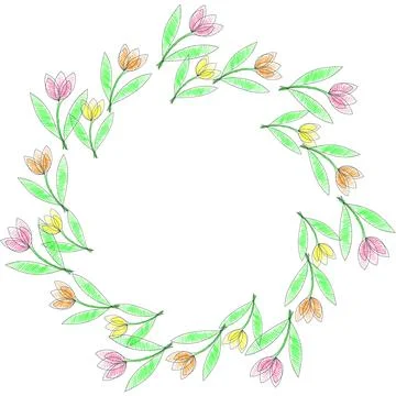 Round frame with flowers, doodle style, single-line outline. White backgroun Stock Illustration