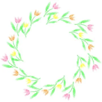 Round frame with flowers, doodle style, no outline. White background. Stock Illustration