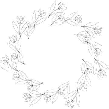 Round frame with flowers, linear style, single-line outline. White backgroun Stock Illustration